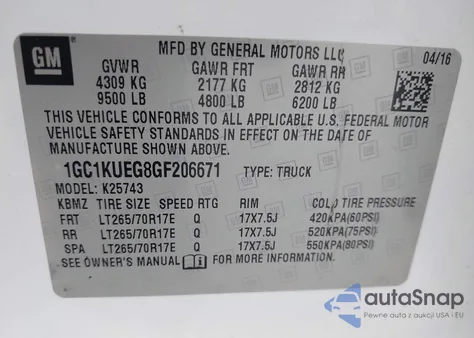 2016 Chevrolet Silverado 2500Hd Wt z USA, uszkodzony, nr VIN 1GC1KUEG8GF206671